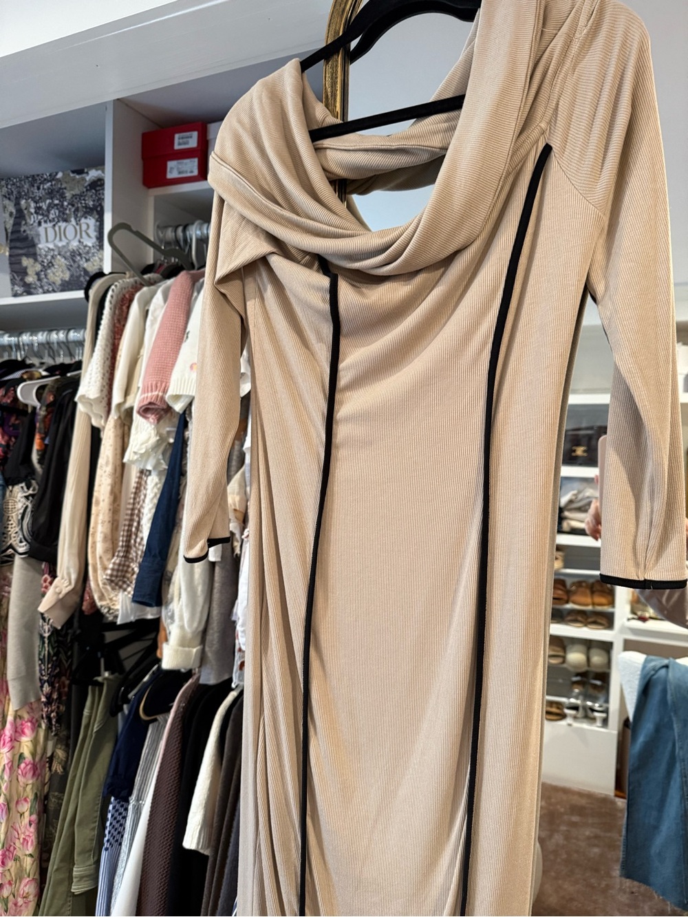 Beige Draped Cowl Neck Maxi Dress with Black Trim